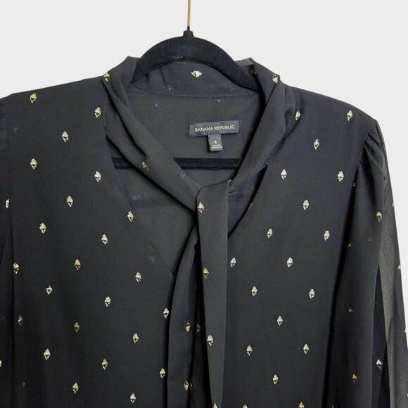 Banana Republic Black w Gold Metallic Sheer Sleeve Mini Dress w Neck Tie SZ 8 - Picture 4 of 11